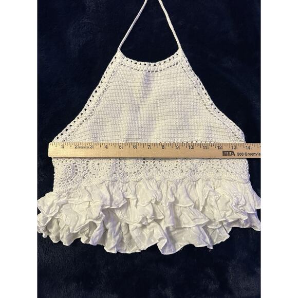 American Eagle Crochet Halter Crop Top White Ruffles XS Romantic Boho Hippie - Picture 8 of 10